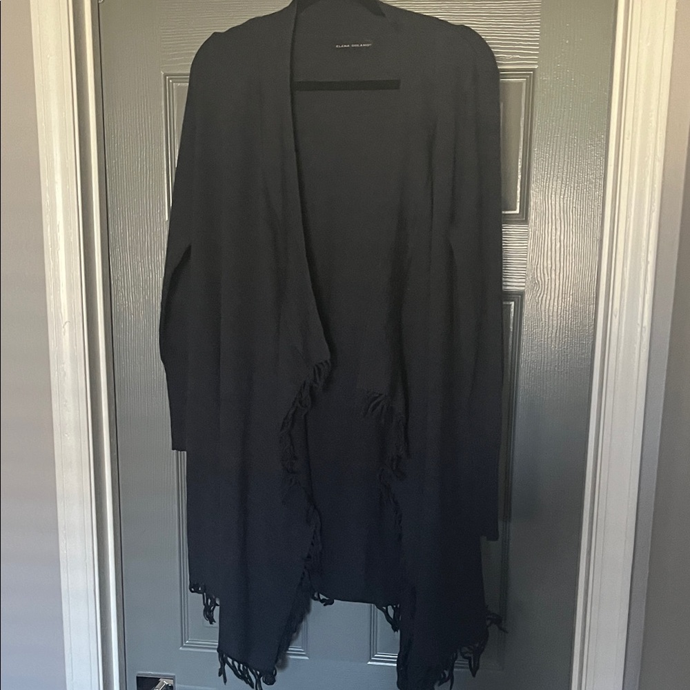 Elena Solano Open-Front Fringe Cardigan Sweater.
